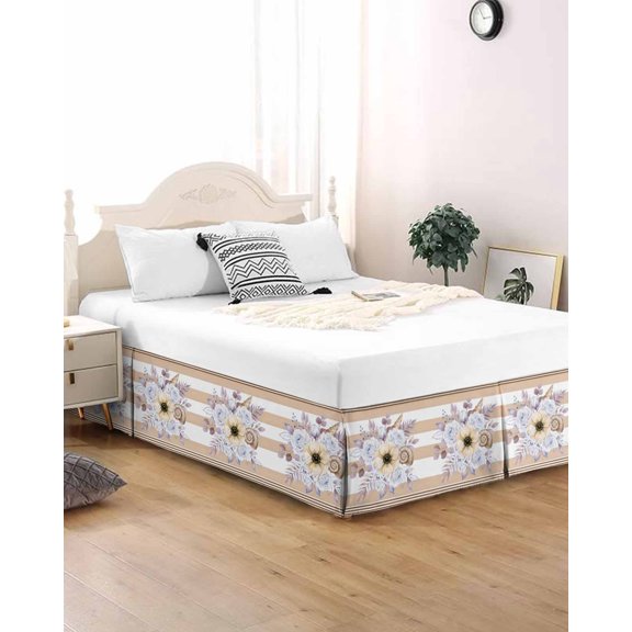Bed Skirt King Size Spring Floral Pleated Dust Ruffle Easy Fit Bedskirts with 16 Inch Drop Country Botanical Shells Sandy White Stripes Wrinkle and Fade Resistant Bedroom Decor