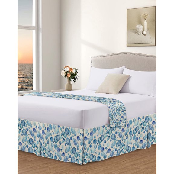 Bed Skirt King Size Summer Oceans Coastal Pleated Dust Ruffle Easy Fit Bedskirts with 18 Inch Drop Watercolor Blue Bubbles Wrinkle and Fade Resistant Bedroom Decor
