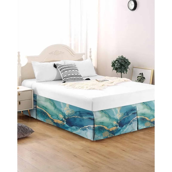 Bed Skirt King Size Teal Blue Marble Pleated Dust Ruffle Easy Fit Bedskirts with 16 Inch Drop Modern Ink Painting Abstracts Wrinkle and Fade Resistant Bedroom Decor
