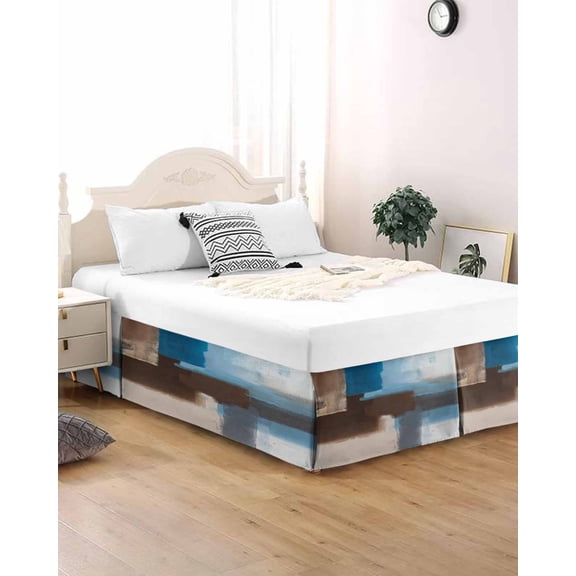 Bed Skirt King Size Teal Blue Paint Pleated Dust Ruffle Easy Fit Bedskirts with 16 Inch Drop Modern Art Abstract Oil Painting Wrinkle and Fade Resistant Bedroom Decor