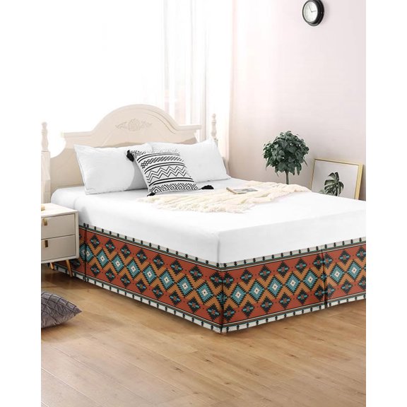 Bed Skirt King Size Teal Orange Aztec Pleated Dust Ruffle Easy Fit Bedskirts with 16 Inch Drop Boho Tribe Geometric Wrinkle and Fade Resistant Bedroom Decor