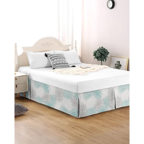 Bed Skirt King Size Teal Turquoise Gray Floral Pleated Dust Ruffle Easy Fit Bedskirts with 16 Inch Drop Abstract Flowers Wrinkle and Fade Resistant Bedroom Decor