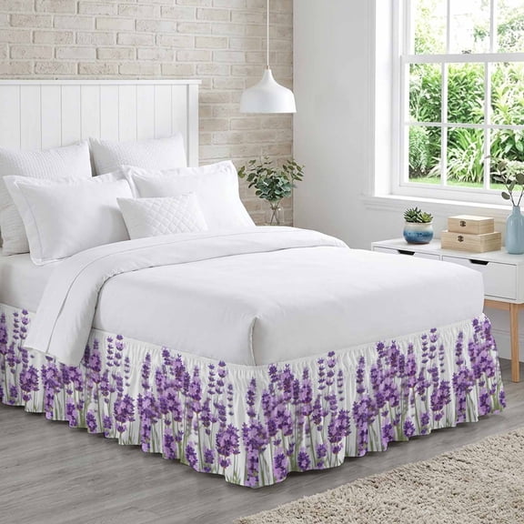 Bed Skirt Lavender Adjustable Elastic Wrap-Around Dust Ruffle with Purple Floral Leaves Plant White Background 18 Inch Drop, Bed Frame Cover for Queen Size Bed