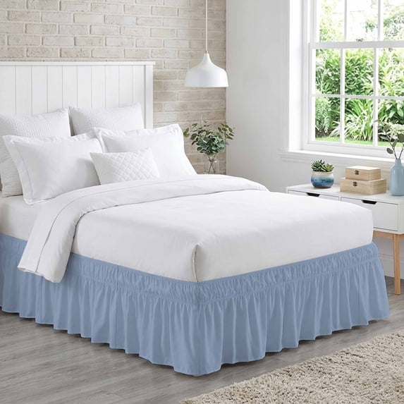 Bed Skirt Light Blue Adjustable Elastic Wrap-Around Dust Ruffle with ...