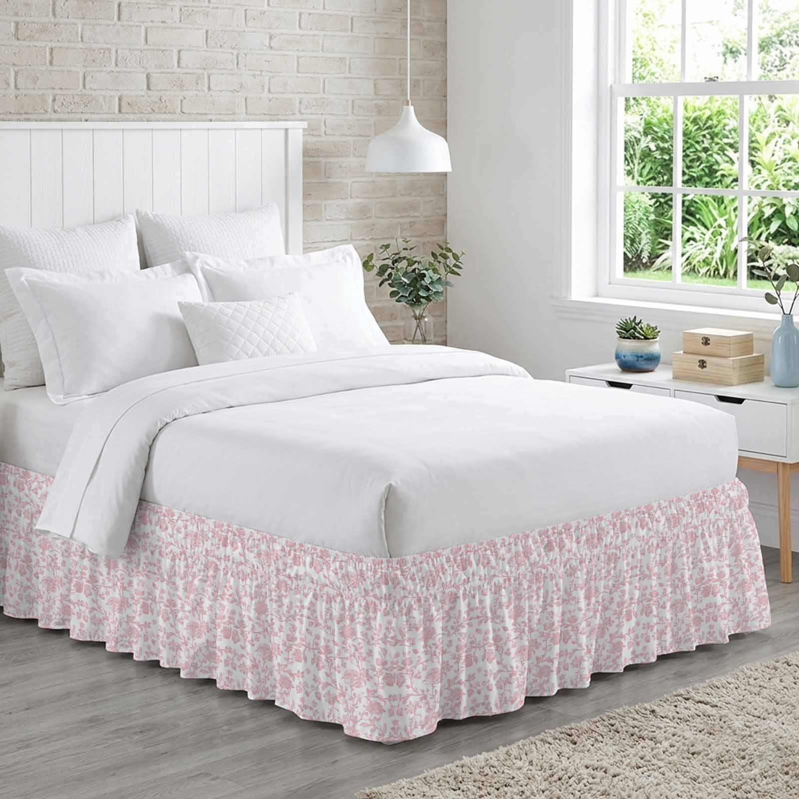 Bed Skirt Light Pink Floral Paisley Adjustable Elastic Wrap-Around Dust Ruffle with Boho Leaf Vintage Farmhouse Linen 16 Inch Drop, Bed Frame Cover for Queen Size Bed
