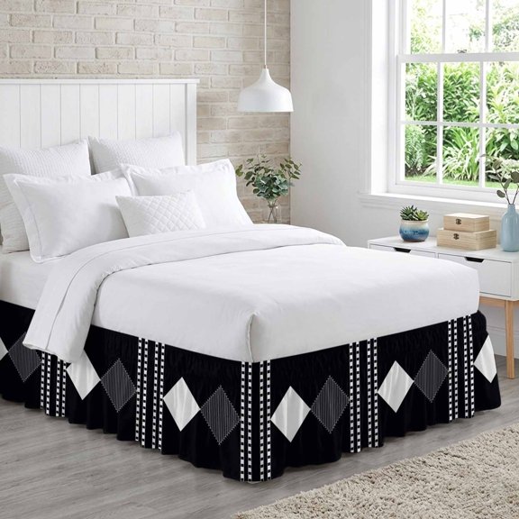 Bed Skirt Modern Art Adjustable Elastic Wrap-Around Dust Ruffle with Black and White Striped Diamonds Checkered Border 16 Inch Drop, Bed Frame Cover for Queen Size Bed