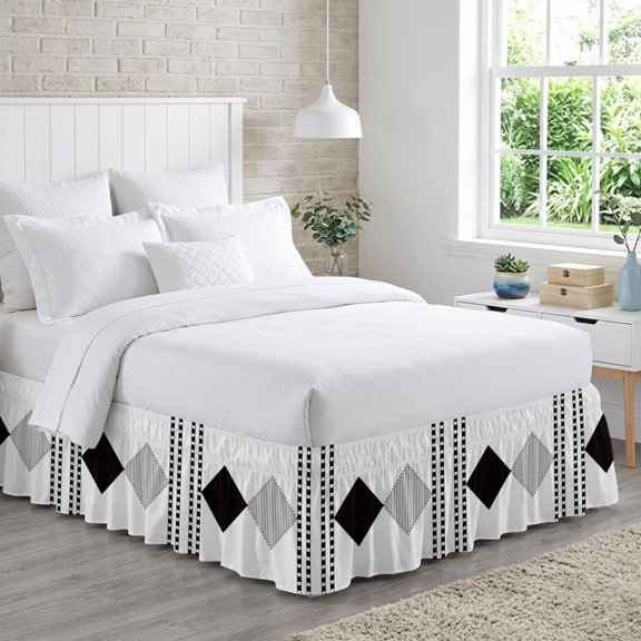 Bed Skirt Modern Art Adjustable Elastic Wrap-Around Dust Ruffle with White and Black Striped Diamonds Checkered Border 16 Inch Drop, Bed Frame Cover for Cal King Bed