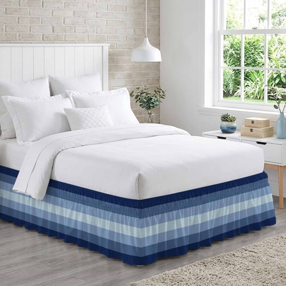 Bed Skirt Navy Blue Adjustable Elastic Wrap-Around Dust Ruffle with Ombre Stripe 18 Inch Drop, Bed Frame Cover for Cal King Bed