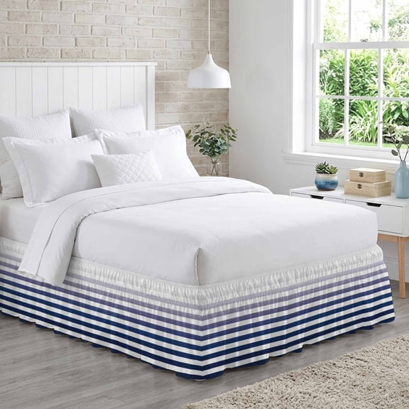 Bed Skirt Navy Blue Adjustable Elastic Wrap-Around Dust Ruffle with Stripe Gradient 18 Inch Drop, Bed Frame Cover for Queen Size Bed