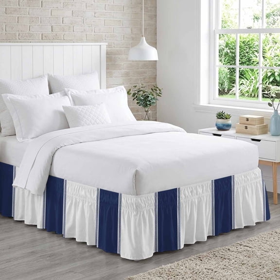 Bed Skirt Navy Blue Adjustable Elastic Wrap-Around Dust Ruffle with Stripes 18 Inch Drop, Bed Frame Cover for Queen Size Bed