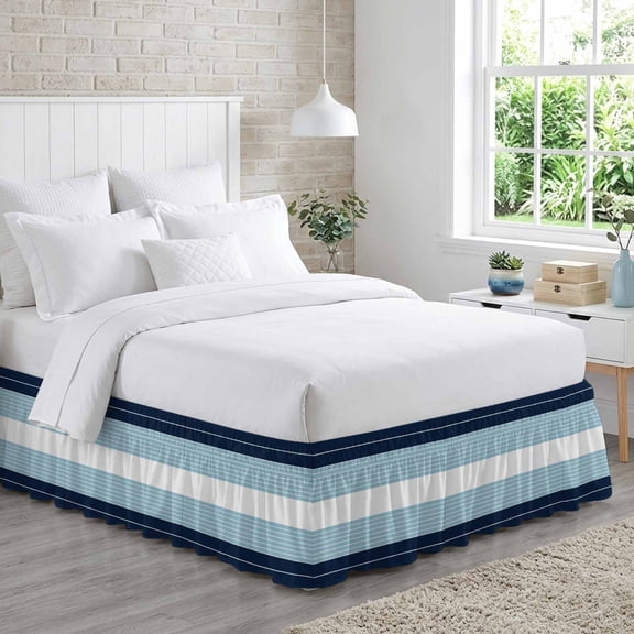 Bed Skirt Navy Blue Sky Blue Stripe Adjustable Elastic Wrap-Around Dust Ruffle with Abstract Line 16 Inch Drop, Bed Frame Cover for Queen Size Bed