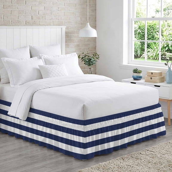 Bed Skirt Navy Blue Stripe Adjustable Elastic Wrap-Around Dust Ruffle with Simple Style Striped Blue and White 18 Inch Drop, Bed Frame Cover for Queen Size Bed