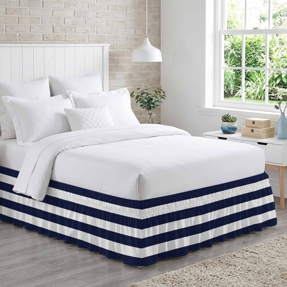 Bed Skirt Navy Blue Stripe Adjustable Elastic Wrap-Around Dust Ruffle with Simple Style White Striped 16 Inch Drop, Bed Frame Cover for Queen Size Bed
