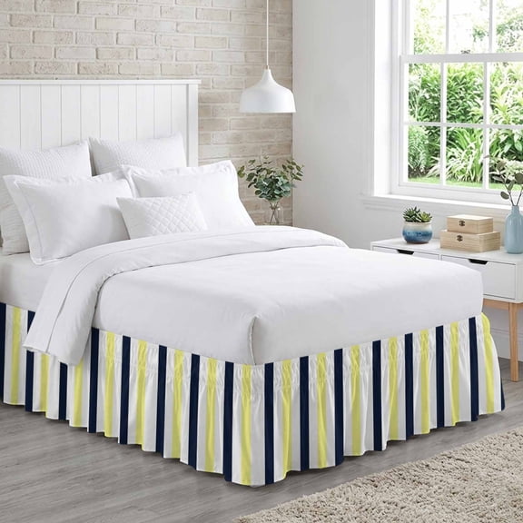 Bed Skirt Navy Blue Yellow Striped Adjustable Elastic Wrap-Around Dust Ruffle with Modern 18 Inch Drop, Bed Frame Cover for Cal King Bed