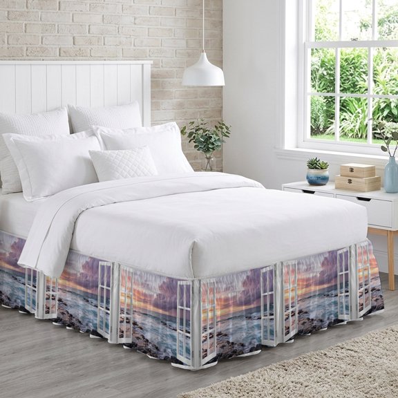 Bed Skirt Ocean Waves Adjustable Elastic Wrap-Around Dust Ruffle with Open Window Dramatic Lavender Sunset Clouds Rocks 18 Inch Drop, Bed Frame Cover for California King Size Bed