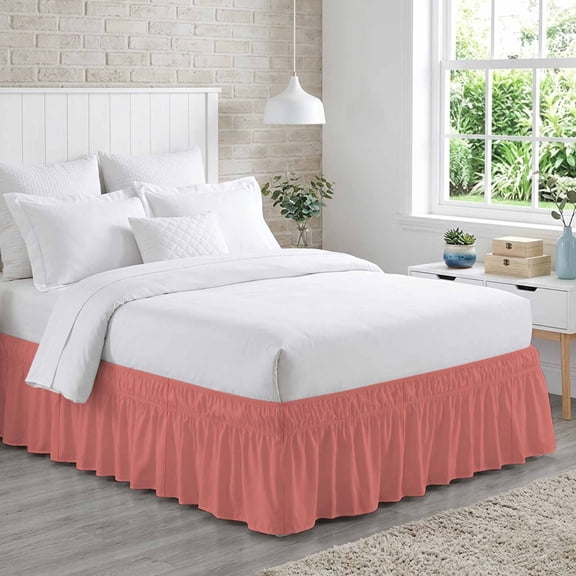 Bed Skirt Peach Solid Adjustable Elastic Wrap-Around Dust Ruffle with 16 Inch Drop, Bed Frame Cover for Queen Size Bed