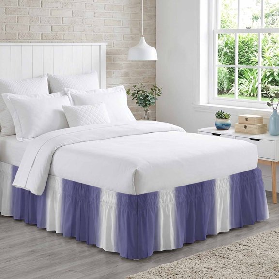 Bed Skirt Purple Ombre Adjustable Elastic Wrap-Around Dust Ruffle with Abstract Purple Ombre White Stripes Modern 18 Inch Drop, Bed Frame Cover for Cal King Bed