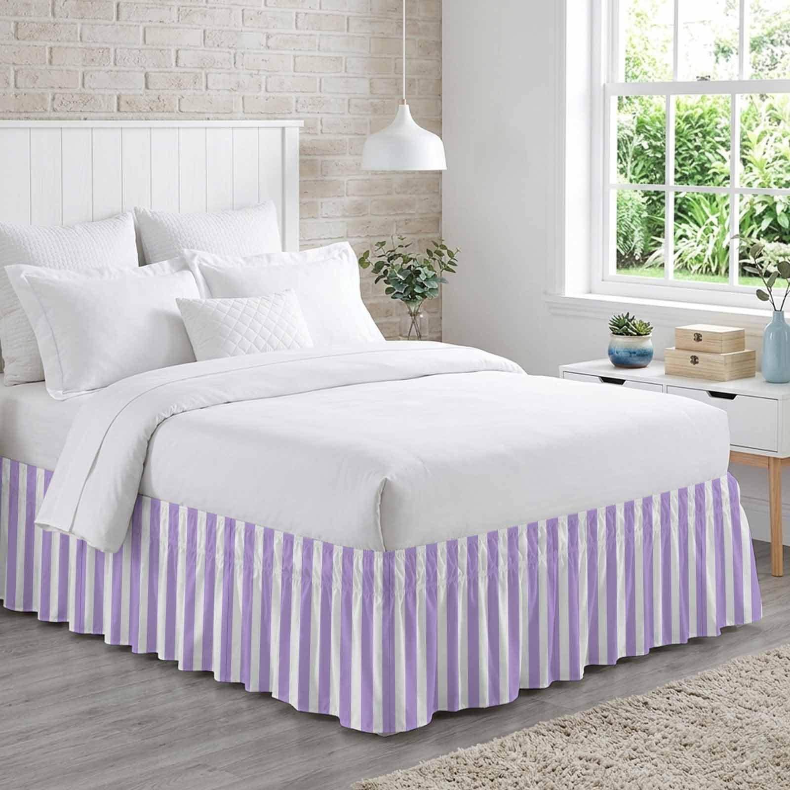 Bed Skirt Purple White Striped Adjustable Elastic Wrap-Around Dust ...