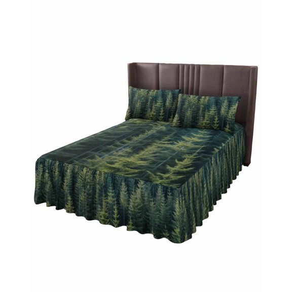 Bed Skirt Queen Size 18 Inch Drop, Green Forest Wrap Around Bed Skirts Set - 1 Bed Sheet & 2 Pillowcase(30"x20"), Pine Tree Summer Botanical Modern Art Dust Ruffle Bedding Sets