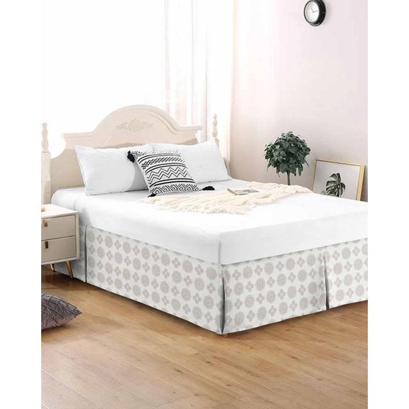 Bed Skirt Queen Size Beige Boho Flowers Pleated Dust Ruffle Easy Fit Bedskirts with 16 Inch Drop Abstract Bosemia Geometric Graphic Wrinkle and Fade Resistant Bedroom Decor