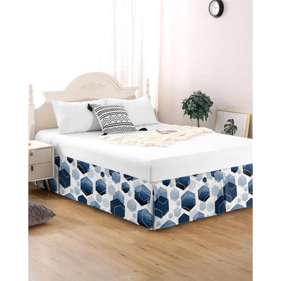 Bed Skirt Queen Size Blue White Gold Geometric Pleated Dust Ruffle Easy Fit Bedskirts with 16 Inch Drop Modern Abstract Hexagon Pattern Wrinkle and Fade Resistant Bedroom Decor