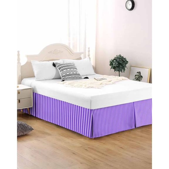 Bed Skirt Queen Size Lavender Purple Stripes Pleated Dust Ruffle Easy Fit Bedskirts with 18 Inch Drop Classic Vertical Striped Wrinkle and Fade Resistant Bedroom Decor