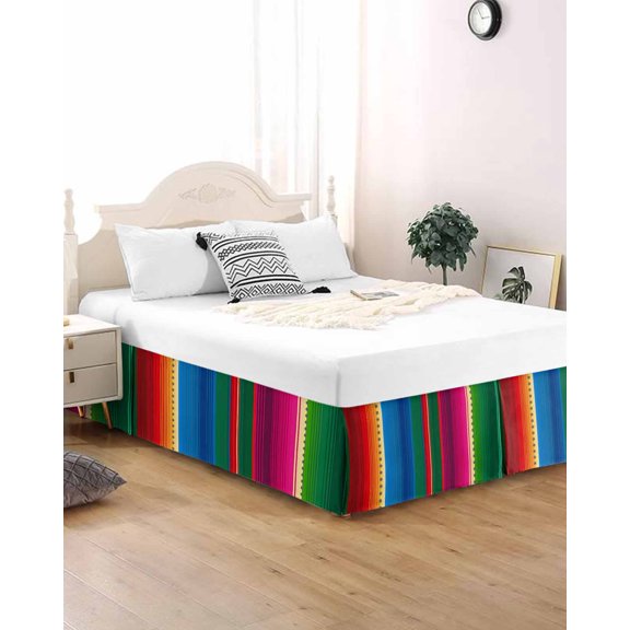 Bed Skirt Queen Size Mexican Serape Stripes Pleated Dust Ruffle Easy Fit Bedskirts with 18 Inch Drop Colorful Vertical Lines Wrinkle and Fade Resistant Bedroom Decor