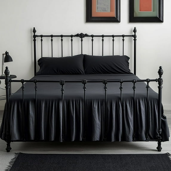 Bed Skirt Queen Size Ruffled Bed Skirt with Split Corners, 14 Inch Drop Dust Ruffle Bed Skirt with Platform, Black