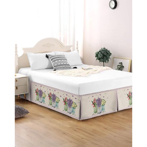 Bed Skirt Queen Size Spring Tulip Lavender Jasmin Pleated Dust Ruffle Easy Fit Bedskirts with 16 Inch Drop Floral On Glass Bottle Wrinkle and Fade Resistant Bedroom Decor