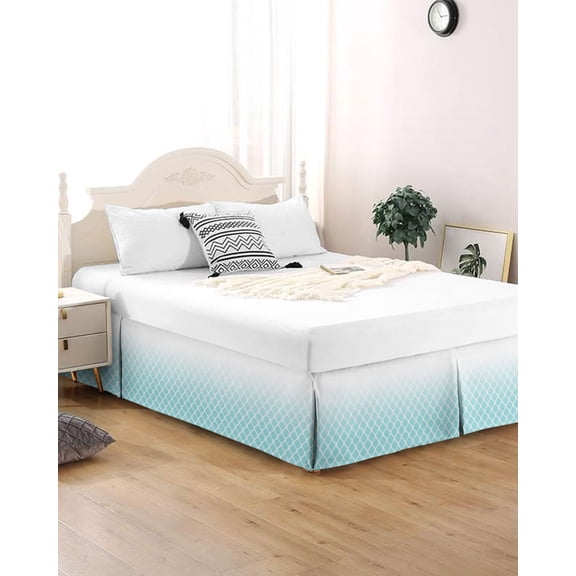 Bed Skirt Queen Size Teal Blue Geometric Pleated Dust Ruffle Easy Fit Bedskirts with 16 Inch Drop Ombre Lines Rhombus Pattern Wrinkle and Fade Resistant Bedroom Decor