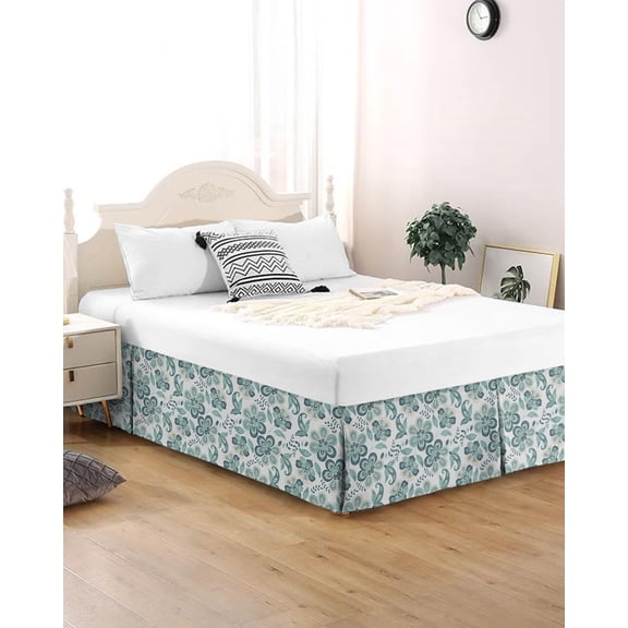 Bed Skirt Queen Size Teal Blue Paisley Pattern Pleated Dust Ruffle Easy Fit Bedskirts with 16 Inch Drop Boho Abstract Floral Wrinkle and Fade Resistant Bedroom Decor
