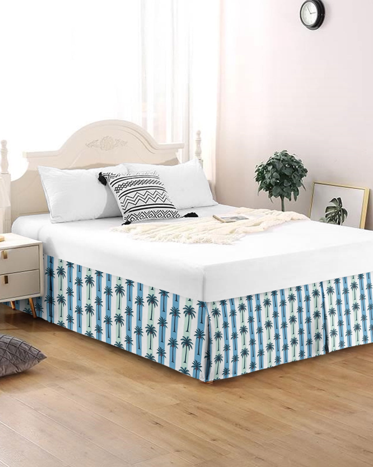 Bed Skirt Queen Size Tropical Coconut Tree Pleated Dust Ruffle Easy Fit ...