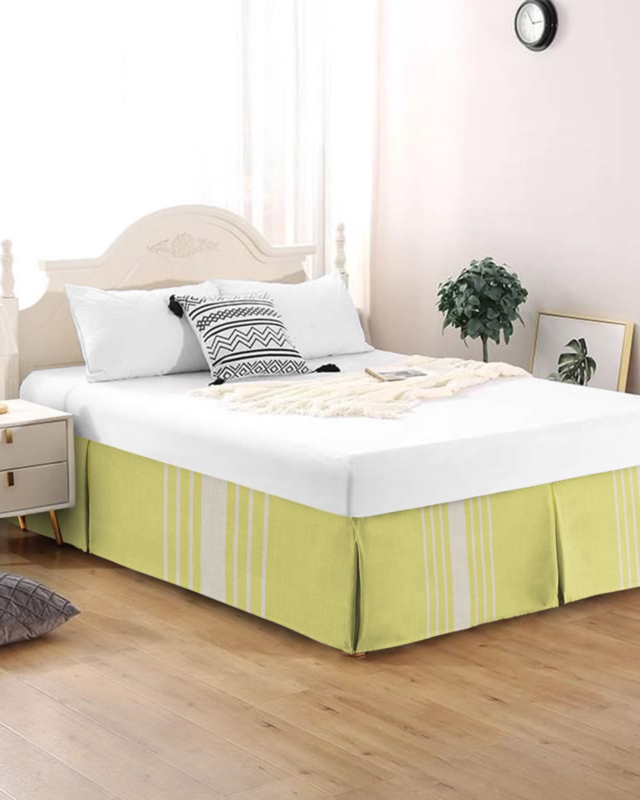 Bed Skirt Queen Size Yellow Vertical Stripes Pleated Dust Ruffle Easy ...
