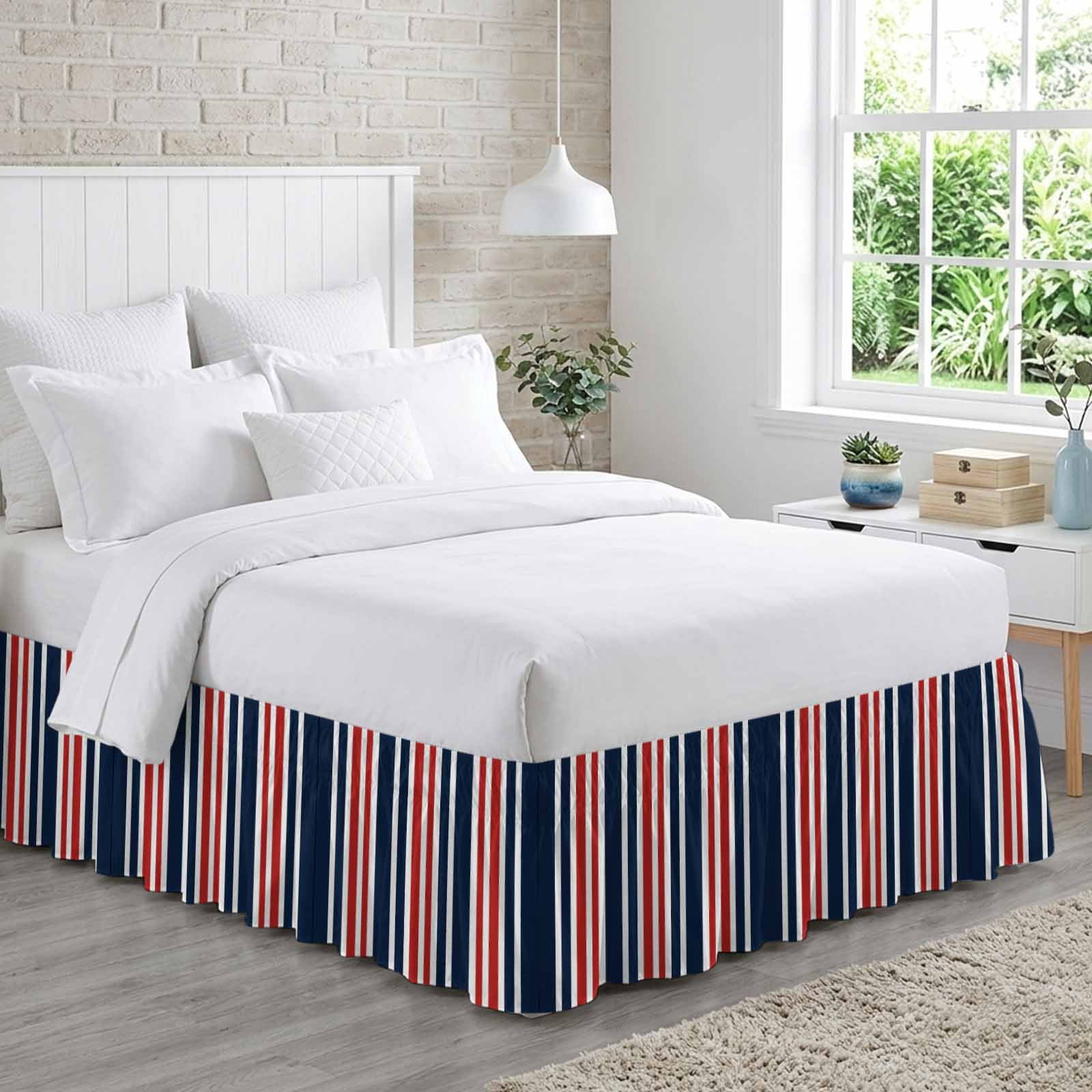Bed Skirt Red Dark Adjustable Elastic Wrap-Around Dust Ruffle with Blue ...