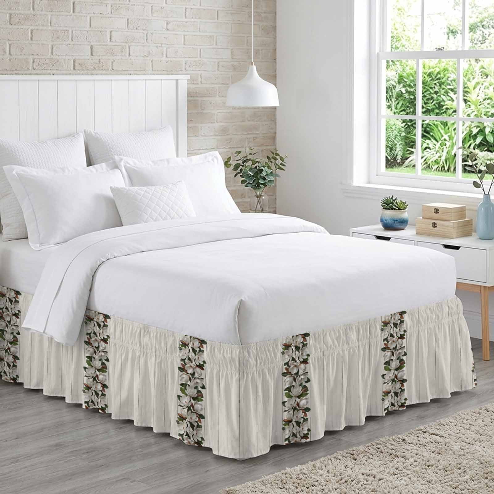 Bed Skirt Retro Magnolia Adjustable Elastic Wrap-Around Dust Ruffle with Flower Leaf Classic Beige Wood Grain Texture 16 Inch Drop, Bed Frame Cover for Queen Size Bed