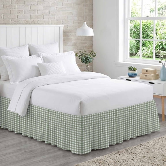 Bed Skirt Sage Green Adjustable Elastic Wrap-Around Dust Ruffle with Buffalo Plaid 18 Inch Drop, Bed Frame Cover for King Size Bed