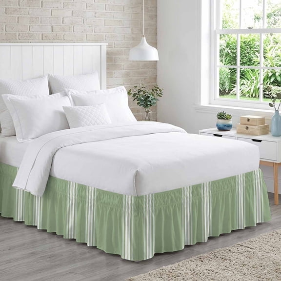 Bed Skirt Sage Green Adjustable Elastic Wrap-Around Dust Ruffle with White Striped 16 Inch Drop, Bed Frame Cover for King Size Bed
