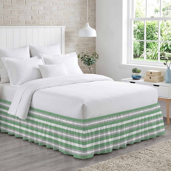 Bed Skirt Sage Green Grey Stripe Adjustable Elastic Wrap-Around Dust ...
