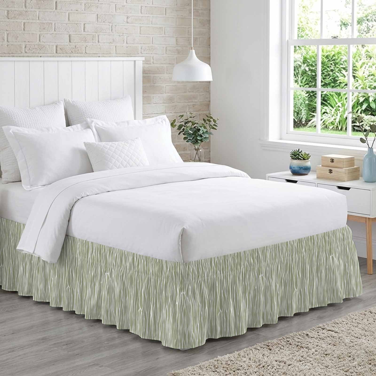 Bed Skirt Sage Green Stripe Adjustable Elastic Wrap-Around Dust Ruffle with Retro Abstract Art Farmhouse Sage Green Stripe Waves 18 Inch Drop, Bed Frame Cover for King Size Bed