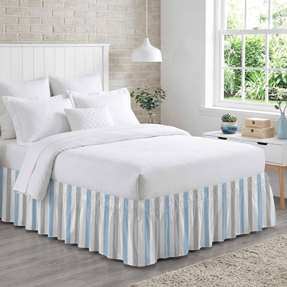 Bed Skirt Sky Blue Grey Stripe Adjustable Elastic Wrap-Around Dust Ruffle with Classic Modern 16 Inch Drop, Bed Frame Cover for Queen Size Bed