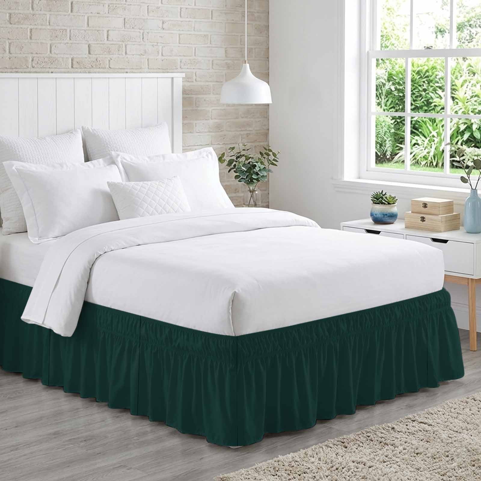 Bed Skirt Solid Color Adjustable Elastic Wrap-Around Dust Ruffle with Deep Green 18 Inch Drop, Bed Frame Cover for Queen Size Bed