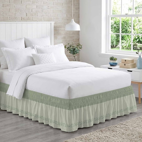 Bed Skirt Spring Leaf Adjustable Elastic Wrap-Around Dust Ruffle with Simple Spring Sage Green Leaf Branch Plant Green Background 16 Inch Drop, Bed Frame Cover for Queen Size Bed