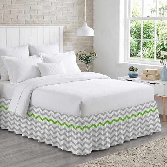 Bed Skirt St. Patrick's Adjustable Elastic Wrap-Around Dust Ruffle with Day Geometric Zig Zag Green Gray Stripes 18 Inch Drop, Bed Frame Cover for King Size Bed