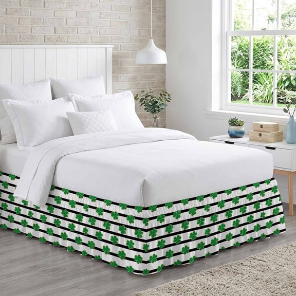 Bed Skirt St. Patrick's Day Green Clover Shamrock Leaf Black Stripe Adjustable Elastic Wrap-Around Dust Ruffle with 18 Inch Drop, Bed Frame Cover for King Size Bed