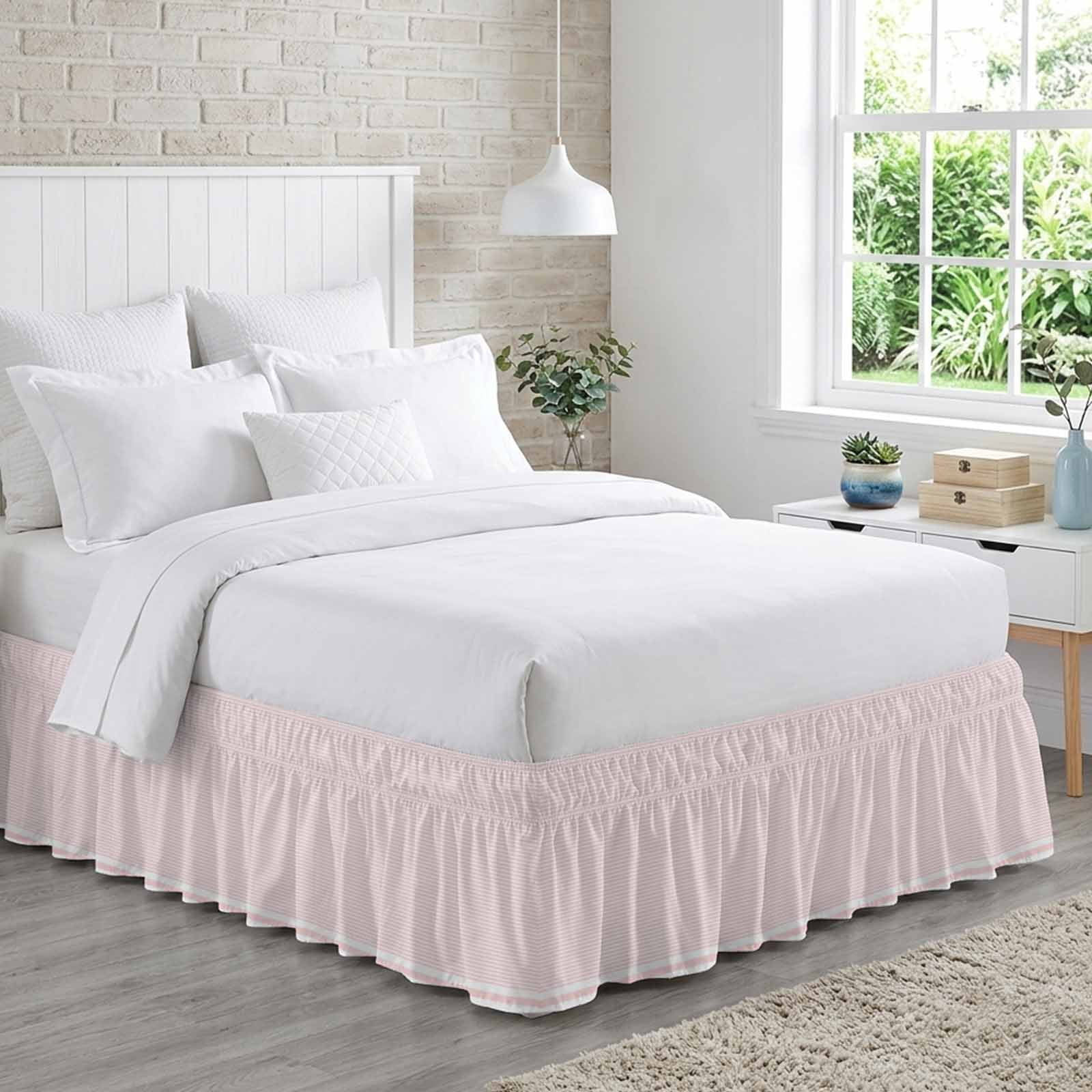 Bed Skirt Stripes Adjustable Elastic Wrap-Around Dust Ruffle with Abstract Pink Geometric Simple 18 Inch Drop, Bed Frame Cover for Queen Size Bed