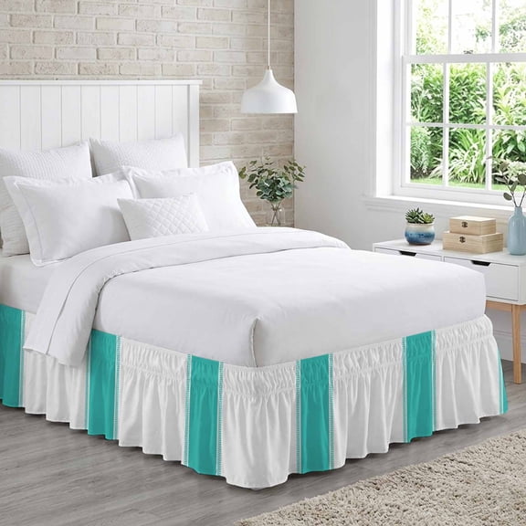 Bed Skirt Teal Adjustable Elastic Wrap-Around Dust Ruffle with Stripes 16 Inch Drop, Bed Frame Cover for Queen Size Bed