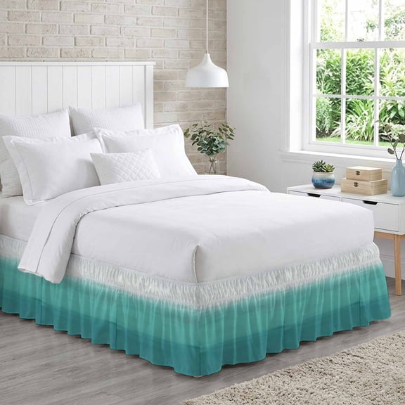 Bed Skirt Teal Gradient Adjustable Elastic Wrap-Around Dust Ruffle with Modern Teal White Ocean Abstract 16 Inch Drop, Bed Frame Cover for Queen Size Bed
