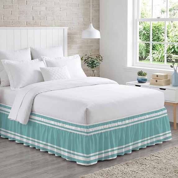Bed Skirt Teal Striped Adjustable Elastic Wrap-Around Dust Ruffle with ...