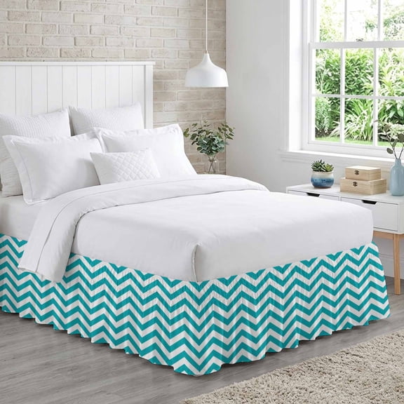Bed Skirt Turquoise Teal Adjustable Elastic Wrap-Around Dust Ruffle with Chevron Zig Zag Ripple 16 Inch Drop, Bed Frame Cover for King Size Bed