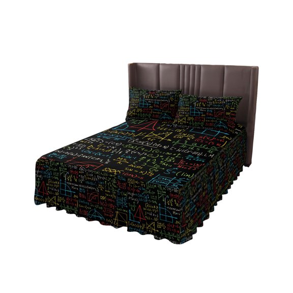 Bed Skirt Twin Size 18 Inch Drop, Math Formula Geometric Wrap Around Bed Skirts Set - 1 Bed Sheet & 1 Pillowcase(30"x20"), Modern Art Black Yellow Dust Ruffle Bedding Sets